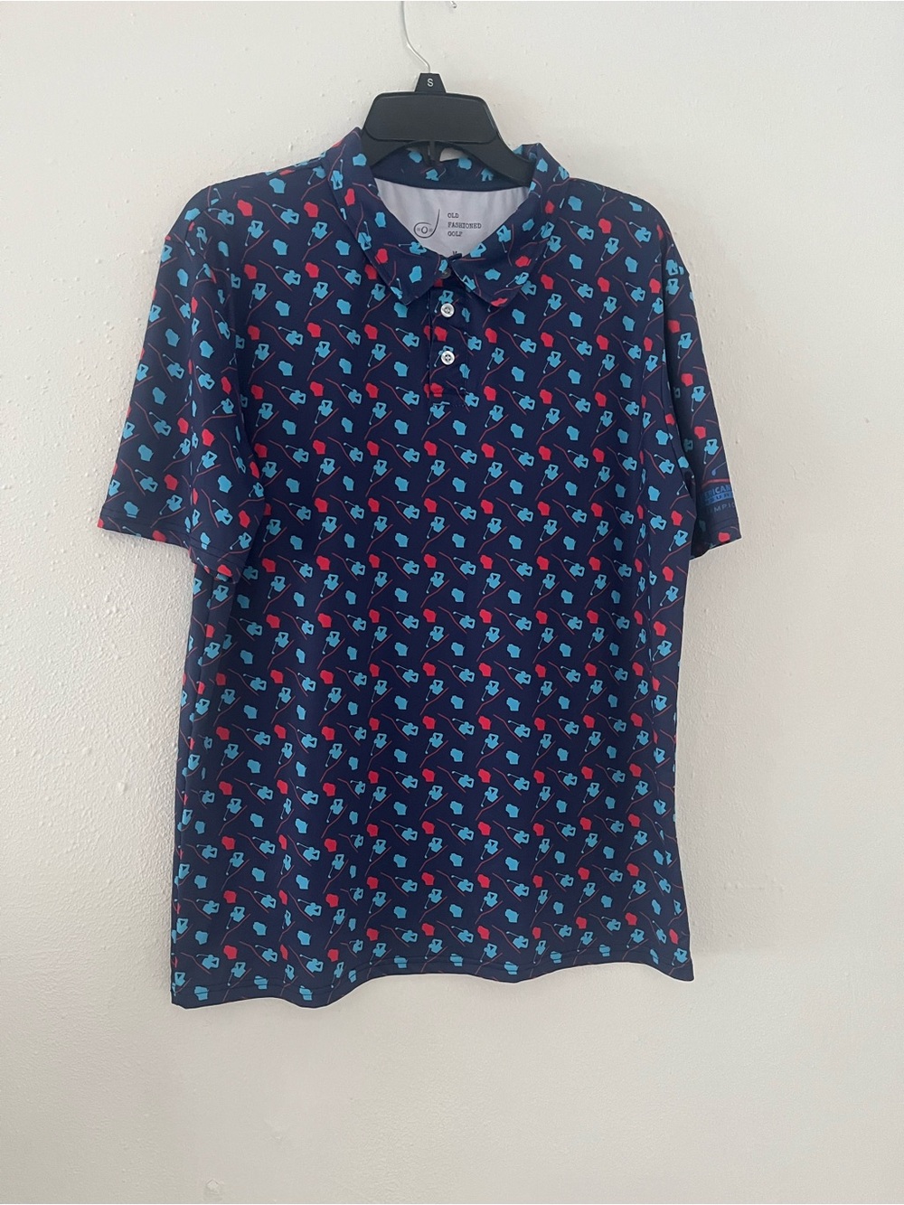 Men's  Old fashioned golf Navy Polo with Blue and Pink Geometric Print